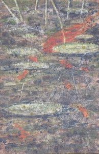 Lily pads and Gold Fish III 4" x 6" acrylic on canvas panel by Ruth 1997