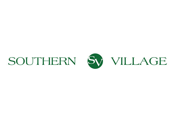 Southern Village Logo - Green serif type with green circle in middle with SV inside
