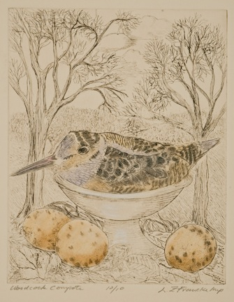 Woodcock Compote Hand tinted etching 8"x6" Louise Francke