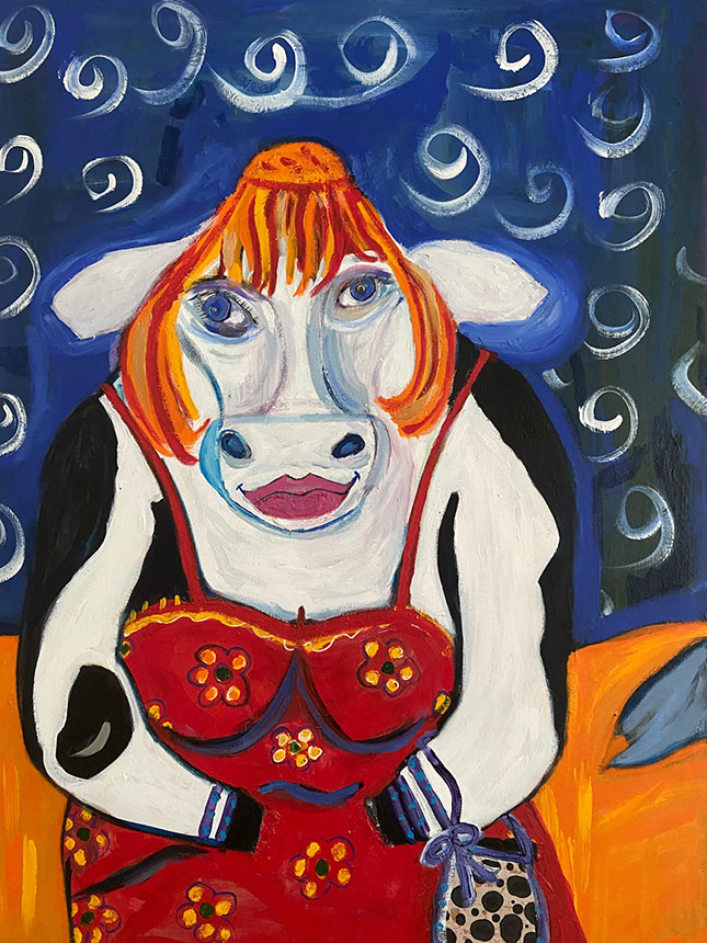 Painting of a cow wearing a wig and dress