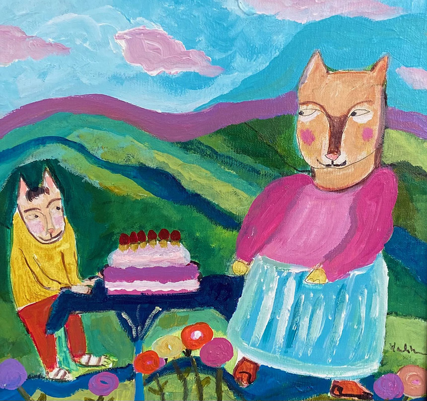 Painting of a cat birthday party