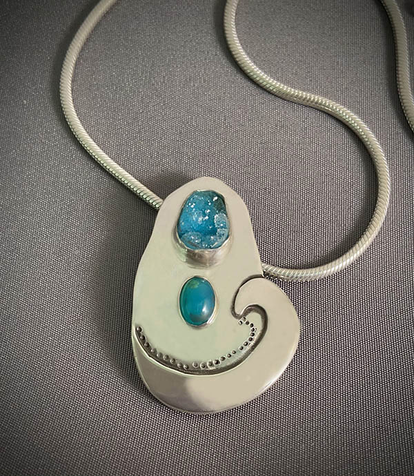 Pendant by Nadine Zenobi of drusy chrysocolla and gem silica silver