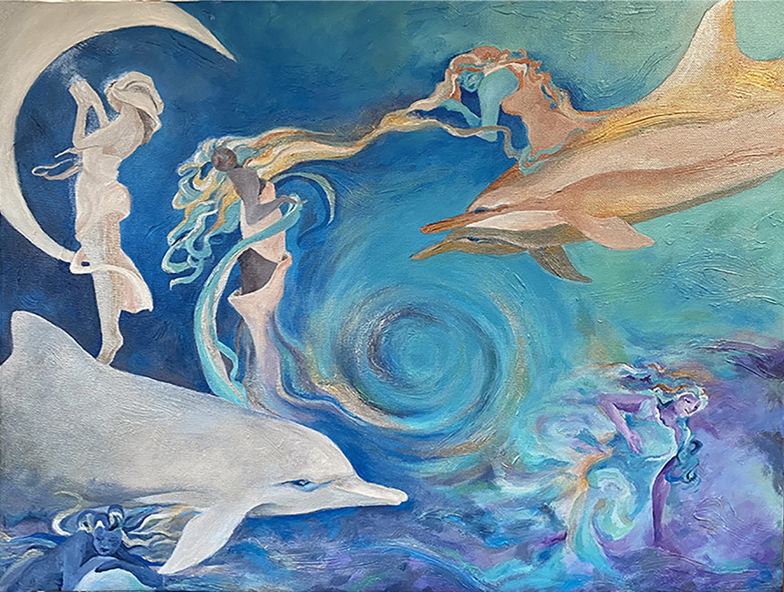 Painting by Nadine Zenobi showing dolphins and women