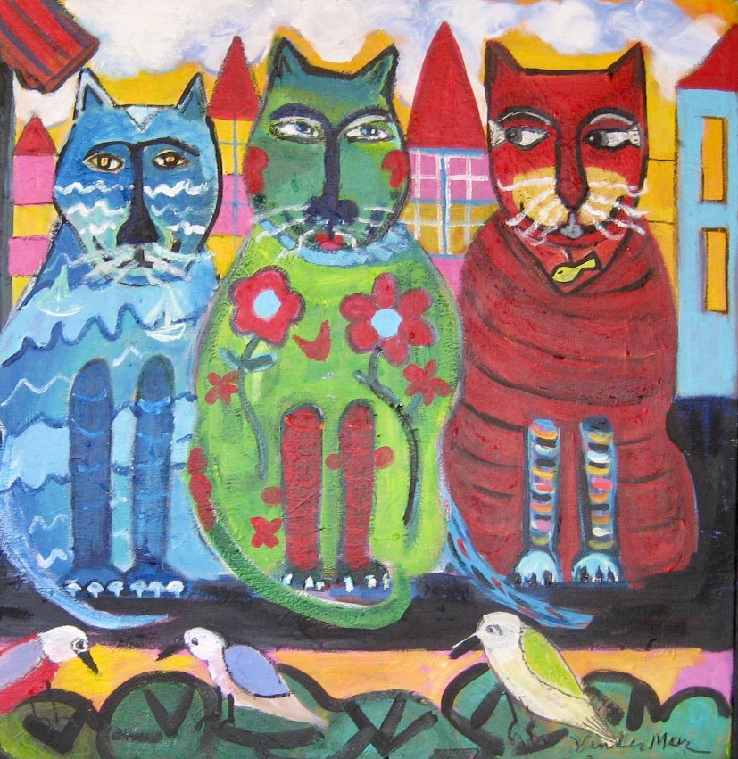 Painting of 3 cats sitting in a window