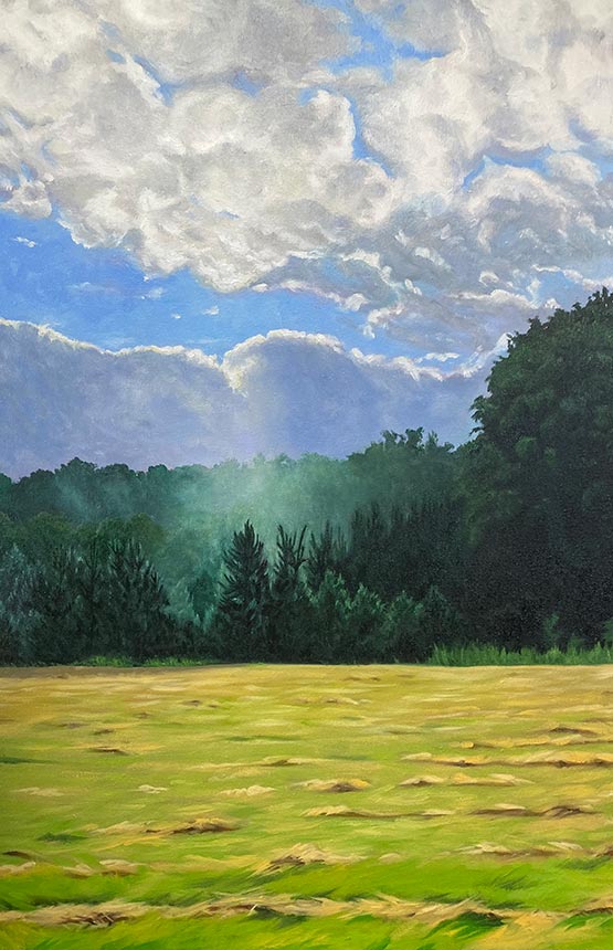 Painting of a mown green field with green trees in distance