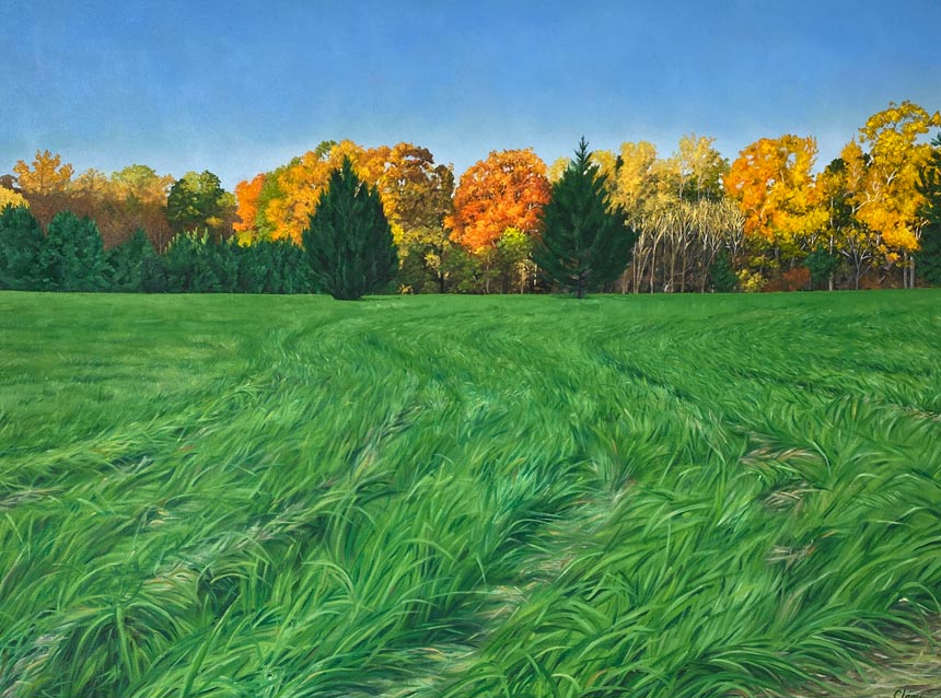 Painting of a lush green field with fall trees in distance