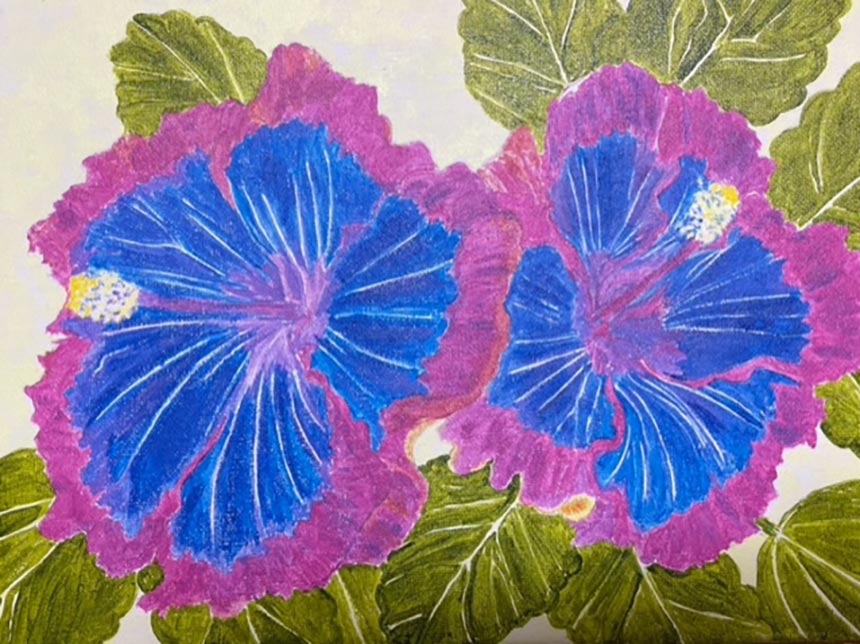 Painting of a hibiscus flower in cobalt blue and electric purple