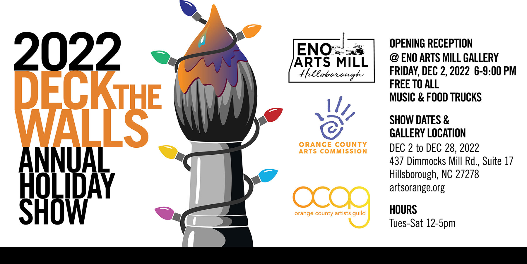 Graphic showing Black and orange sans-serif type with illustrated paintbrush with Christmas lights around it