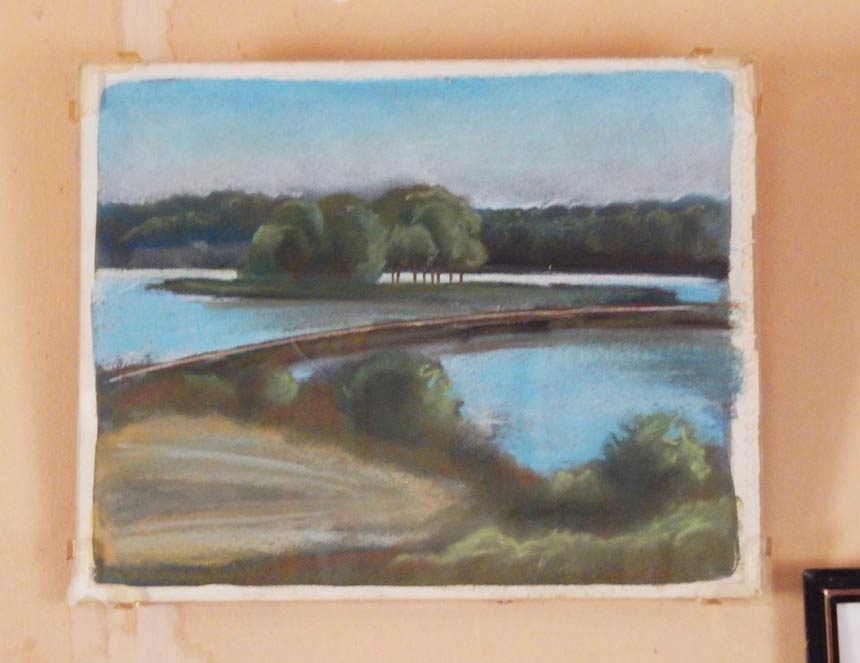 Painting of a waterway with trees