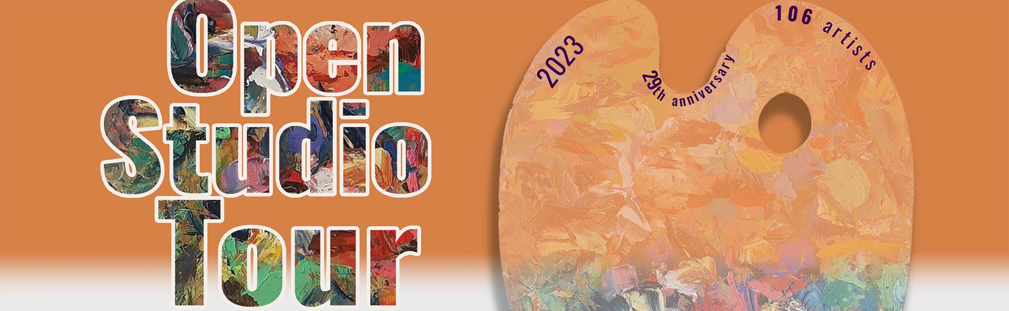 2023 Tour Web Banner Graphic showing sans-serif type with photo inside type and paint pallet to right over orange background