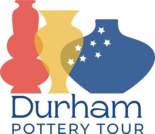 Durham Pottery Tour Logo - Blue serif type with red, yellow, and blue vase icons above