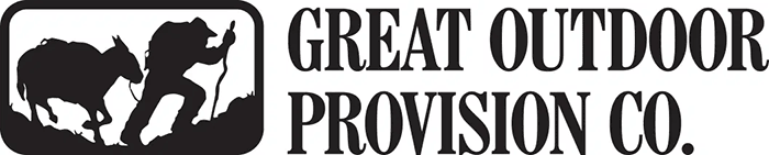 Great Outdoor Provision Co Logo - Black serif type with illustration of a man and a mule to left
