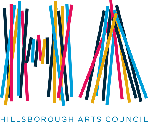 Hillsborough Arts Council Logo - Cyan, magenta, yellow, and black lines as letters H and A over blue sans-serif type