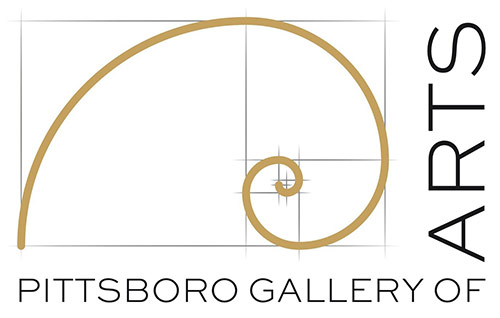Pittsboro Gallery of Arts Logo - Black sans-serif type with nautilus graphic