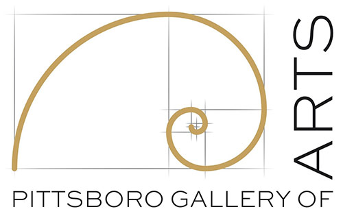 Pittsboro Gallery of Arts Logo - Black sans-serif type with nautilus graphic