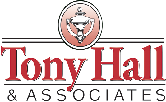 Tony Hall and Associates Logo - Red serif type with black sans-serif type below and door knocker illustration above