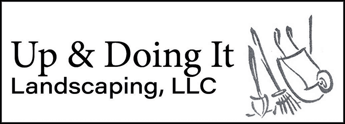 Up and Doing It Landscaping Logo - Black serif and sans-serif type with illustration of gardening tools to right