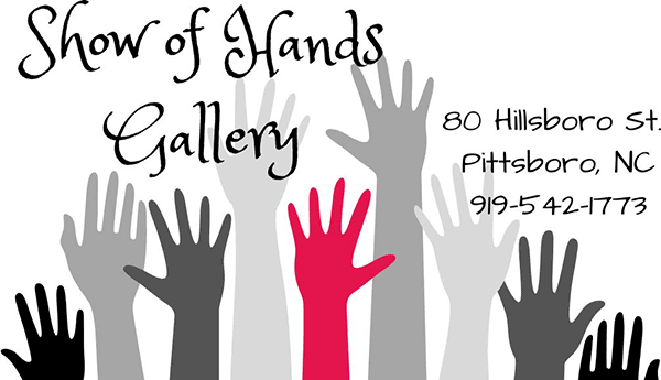 Show of Hands Gallery Logo - Black serif type with hand illustrations in gray, black, and pink