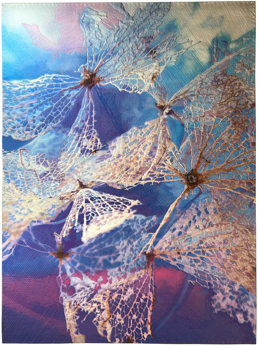Fiber art piece "What Remains" featuring skeletal hydrangea blooms on blue-purple background